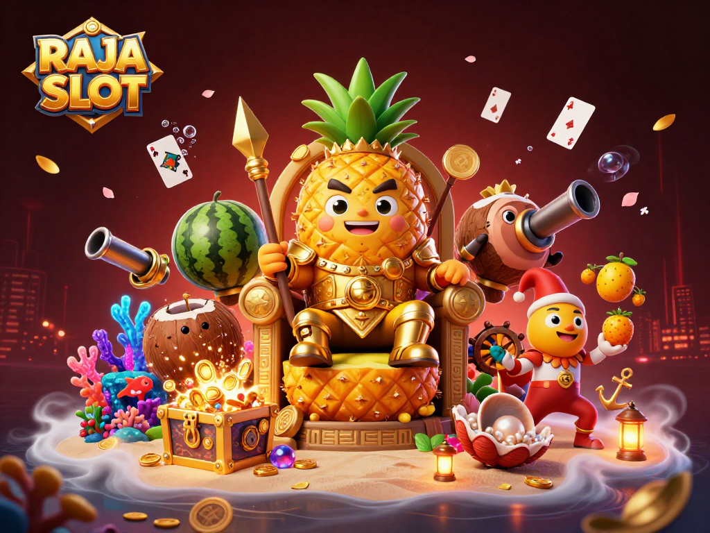 Memperoleh jackpot besar di RAJA SLOT dengan ilustrasi kasino 3D yang menarik dan penuh warna.
