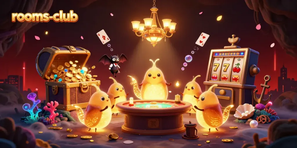 Permainan slot menyenangkan di rooms-club dengan karakter ceria dalam suasana kasino yang berkilauan.