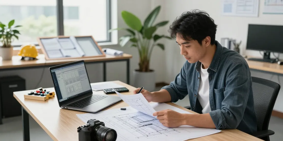 Licensed structural engineer in Missouri analyzing blueprints in a modern office, showcasing professional engineering services.