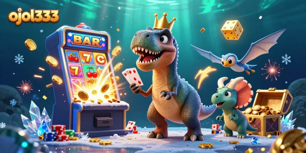 ojol333 showcases vibrant casino energy with a T-Rex shuffling cards and friends stacking chips.