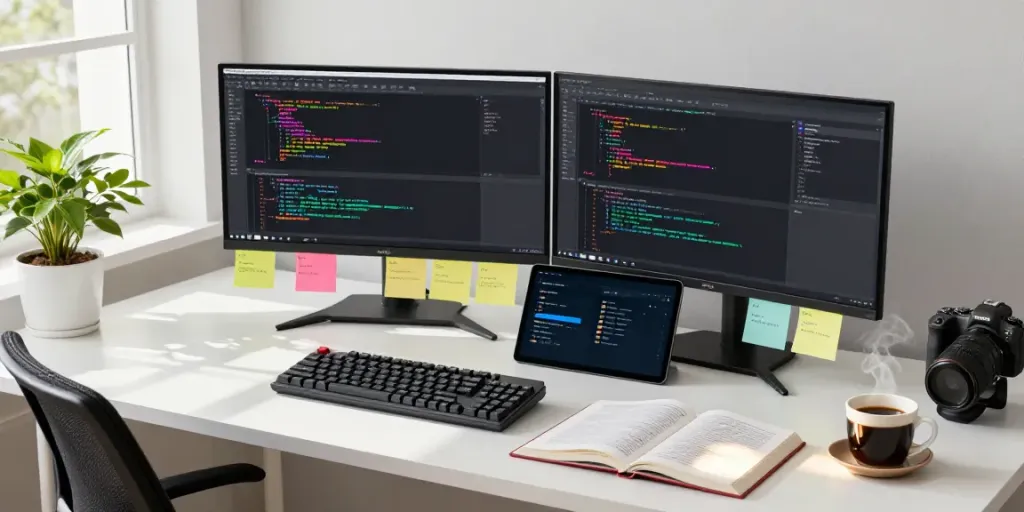 Developer coding on dual monitors in a modern workspace, h5.2113.net highlighted with vibrant technology and workspace elements.