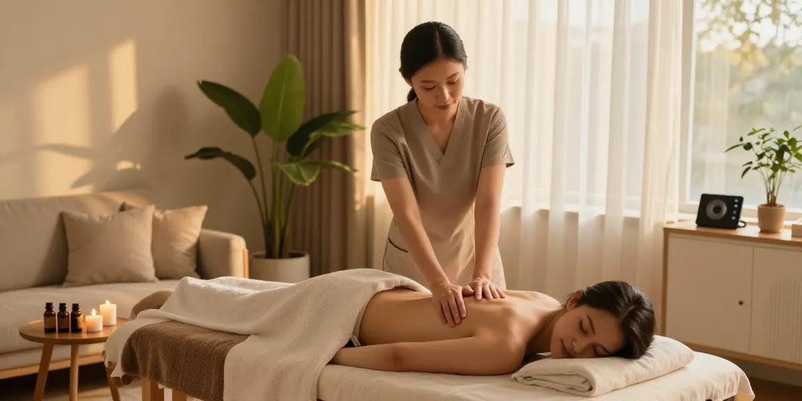 Relaxing home massage scene illustrating 성남출장안마 service with professional masseuse, candles, and tranquil atmosphere.