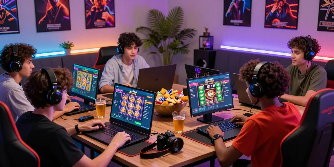 Friends playing on the raja328 gaming platform, vibrant lights, and dynamic atmosphere.