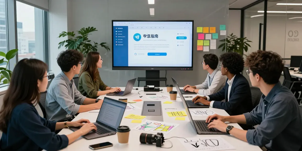 Collaborative tech workspace highlighting telegram chinese FAQ discussions with diverse team members in a modern office.