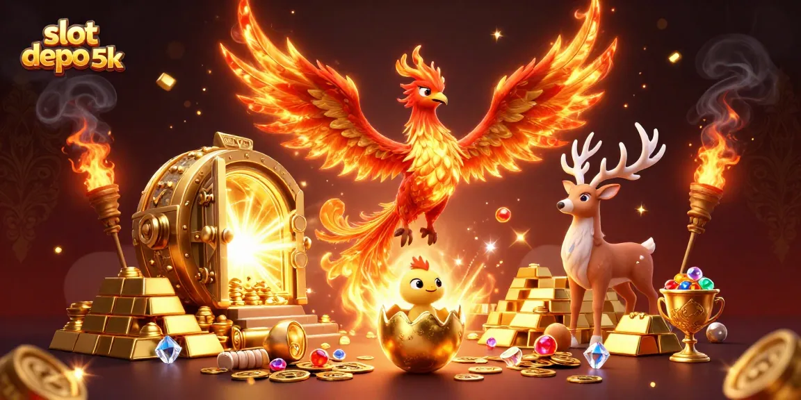 Experience the thrill of slot depo 5k with dynamic visuals of slots, phoenix, and treasures.