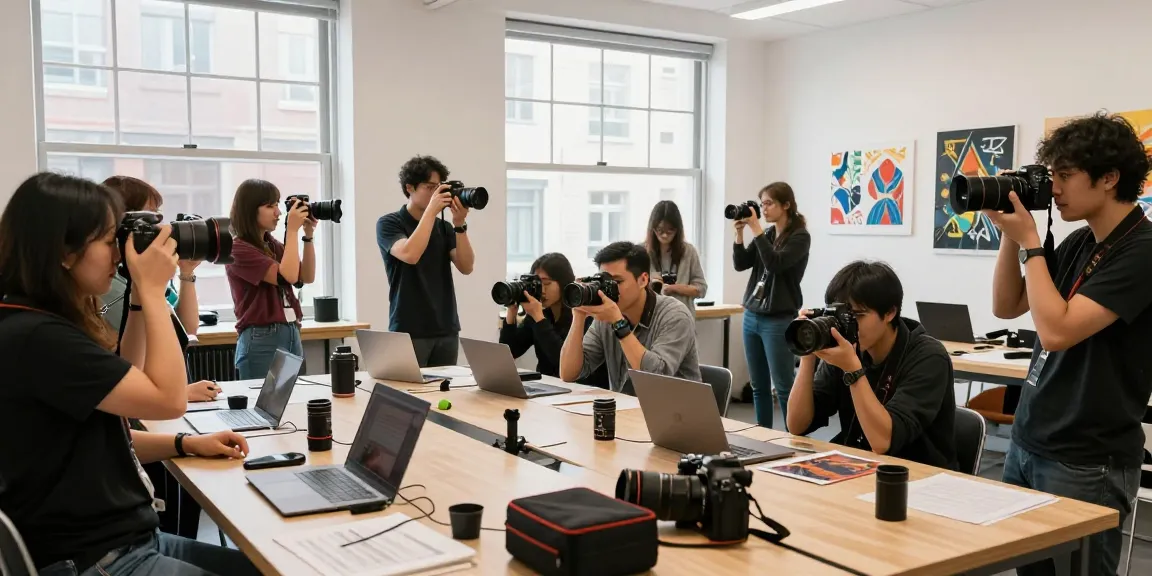 Cours de Photographie à Milan : Atelier dynamique avec étudiants utilisant des appareils photo dans un studio lumineux.