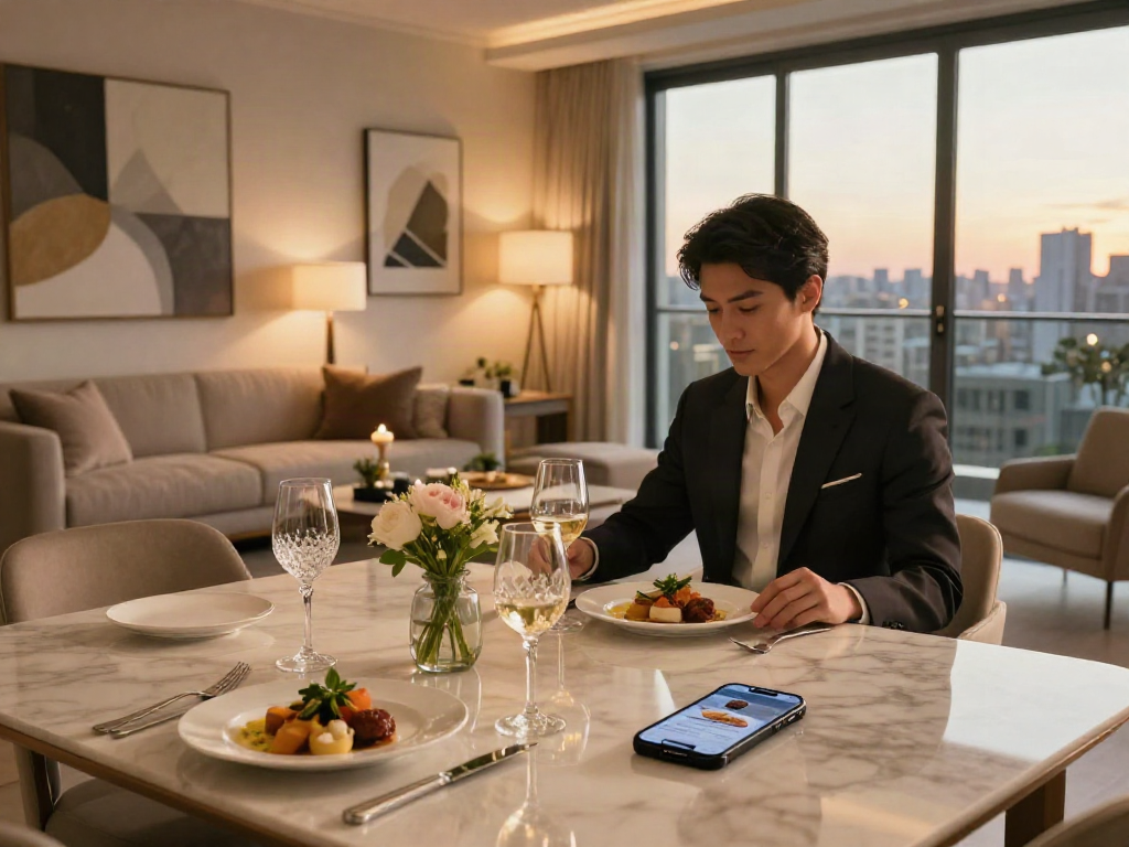 Pengalaman mewah dengan luxury111 di apartemen urban mewah saat matahari terbenam.