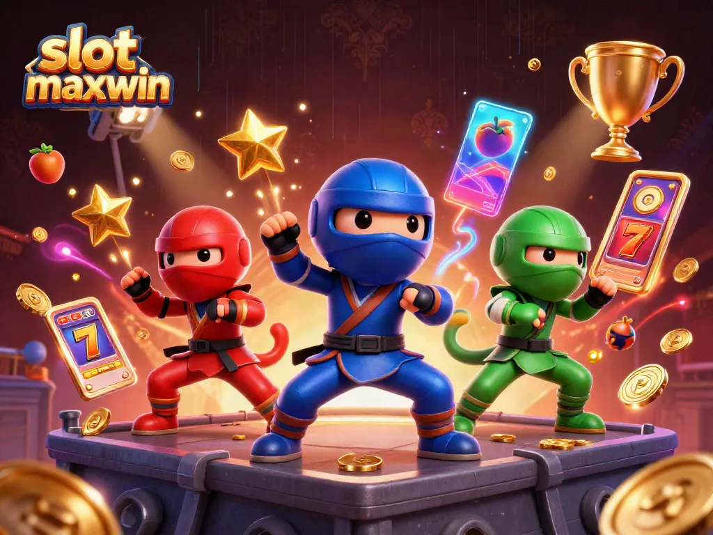 Pemain slot maxwin beraksi dengan grafis berkualitas tinggi, menampilkan tim ninja chameleon di latar belakang kasino.