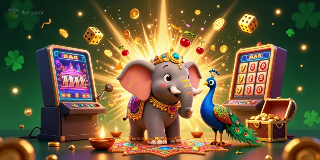 Experience big wins with slot gacor in a vibrant 3D casino scene featuring playful characters and jackpot elements.