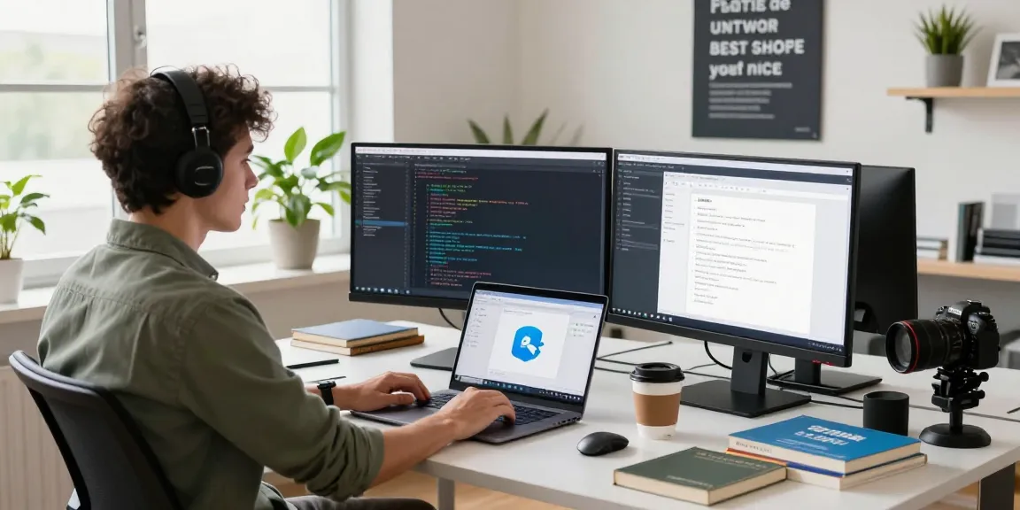 Developer coding at a modern workspace with 纸飞机中文版 on screens and technical resources.