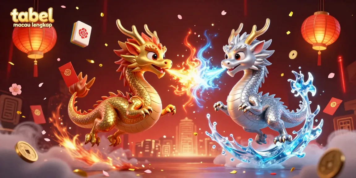 Experience the thrilling "tabel macau lengkap" with dynamic dragons, mahjong tiles, and glowing lanterns in this vibrant scene.