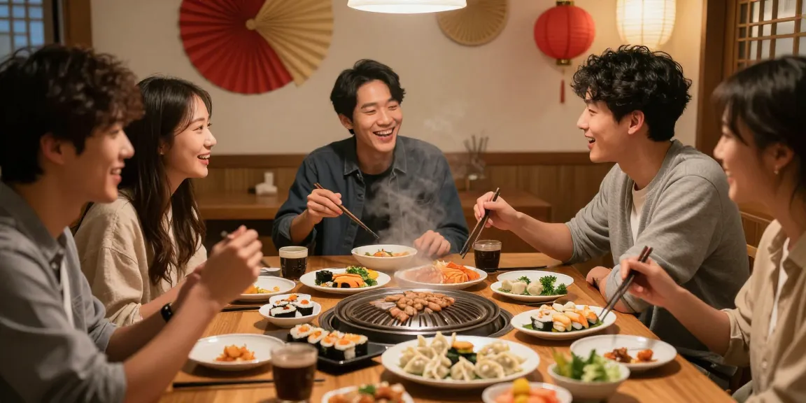 Friends enjoying Asian cuisine at https://hanadultalk.com, sharing stories and laughter.