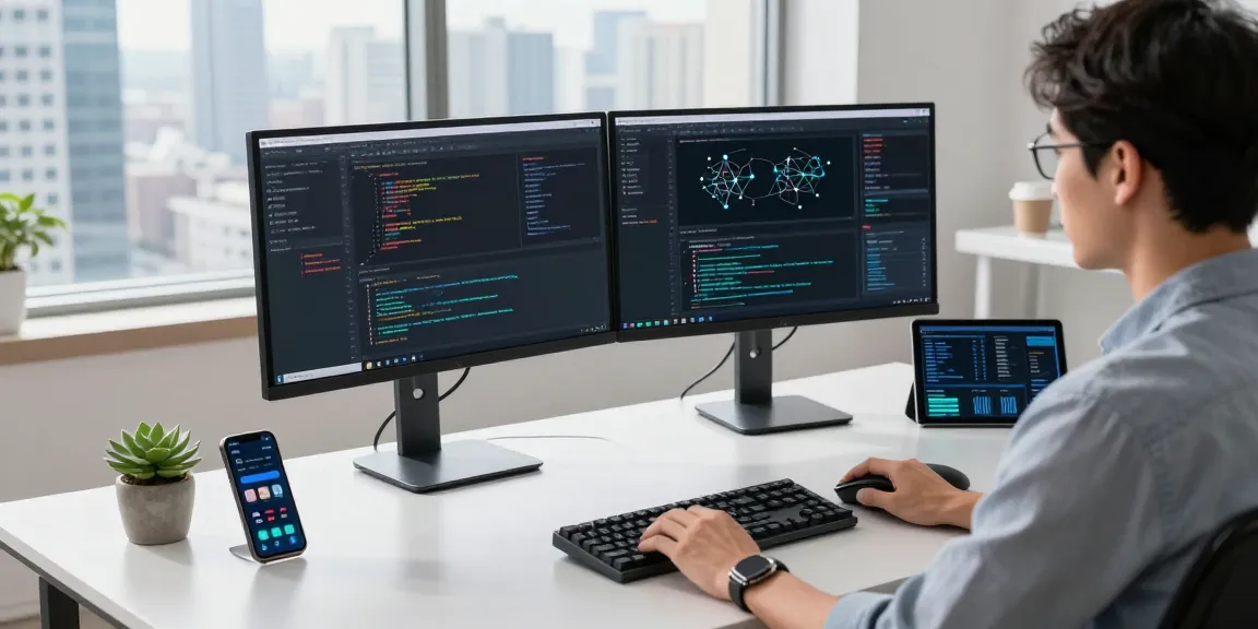 快连 network optimization setup in a modern tech workspace with focused developer at dual monitors.