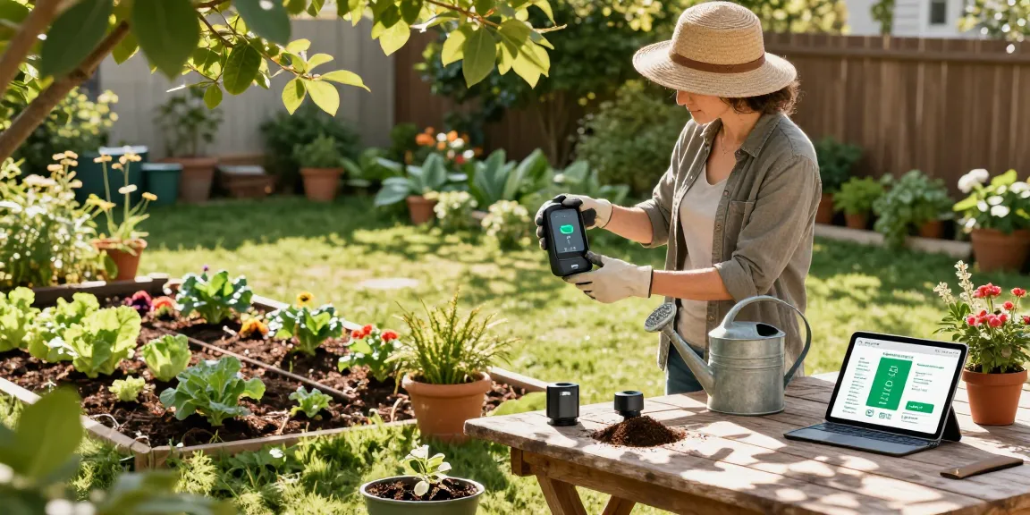 Homeowner using a rainpoint wifi timer in a vibrant backyard, optimizing plant care.