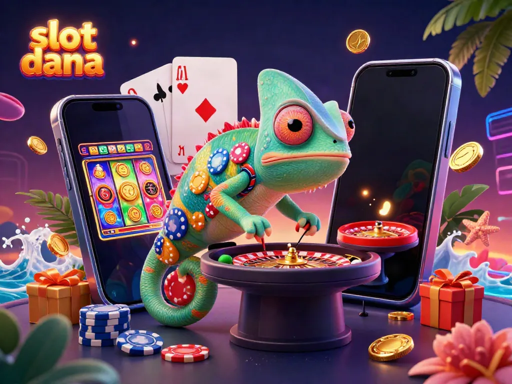 Menangkan slot dana dengan pemilik kasino chameleon 3D yang menangkap koin emas dalam ilustrasi menarik.