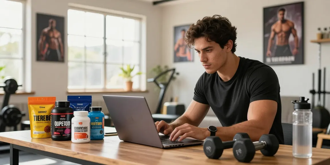 Driada Shop scene with fitness enthusiast exploring anabolic steroids in a modern gym setting, showcasing vibrant product packaging and motivational energy.