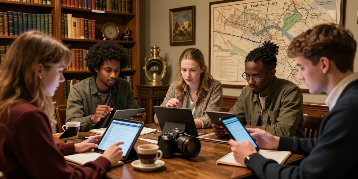 Historical discussions at https://tyntescastle.com in a cozy library setting, with young adults exploring rich narratives.