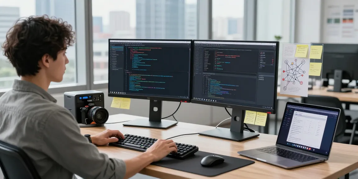 快连 software development workspace with dual monitors and coding tools