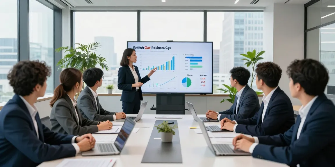 Professionals analyzing British Gas business gas pricing in a modern corporate office setting during a strategy meeting.