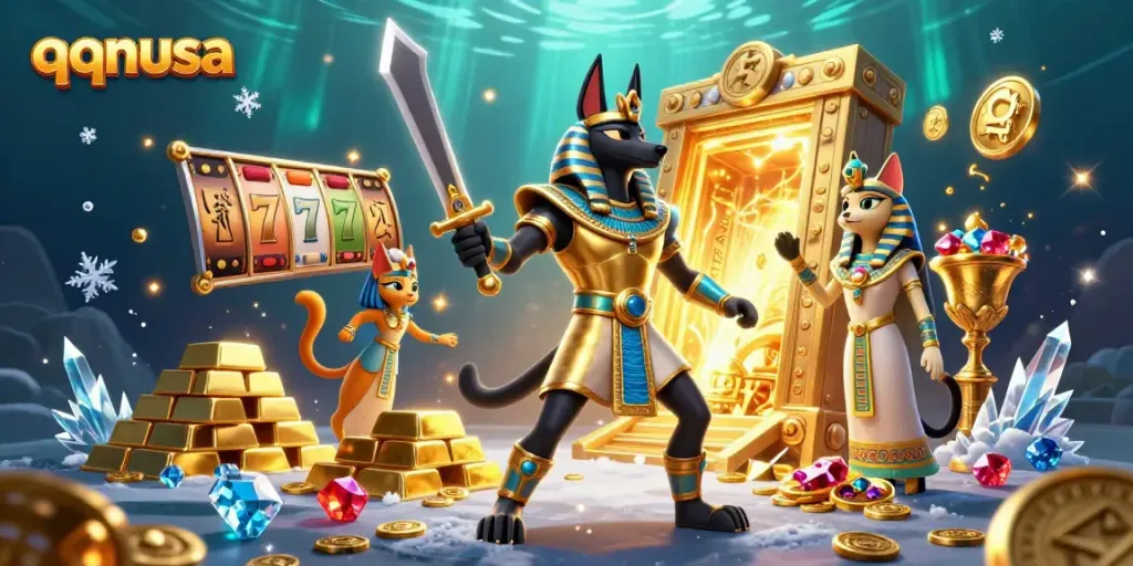 Engage with qqnusa's captivating slot game illustration featuring Anubis and Bastet amid treasure.