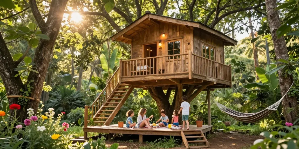 Tree house life: family enjoying a sunny picnic on a deck surrounded by nature.
