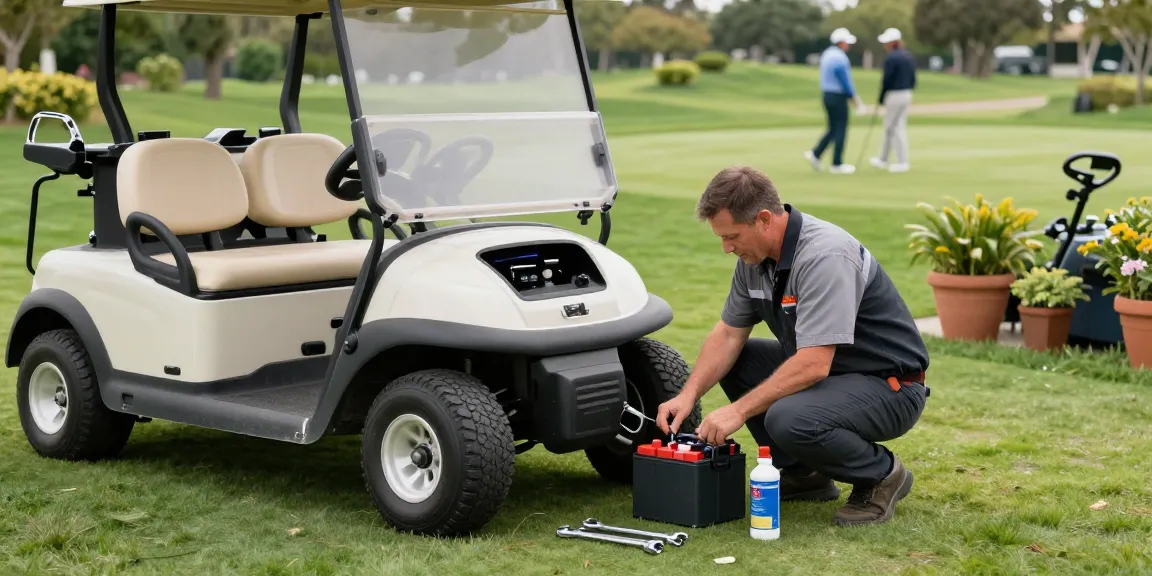Technician performing golf cart battery replacement on a sunny golf course, showcasing tools and maintenance.