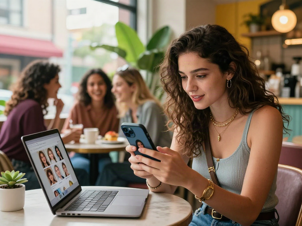 Finding your celebrity look alike in an urban café with friends.