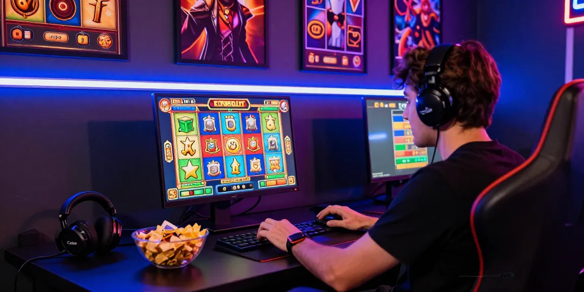 Excited player enjoying info slot games on a colorful gaming setup.