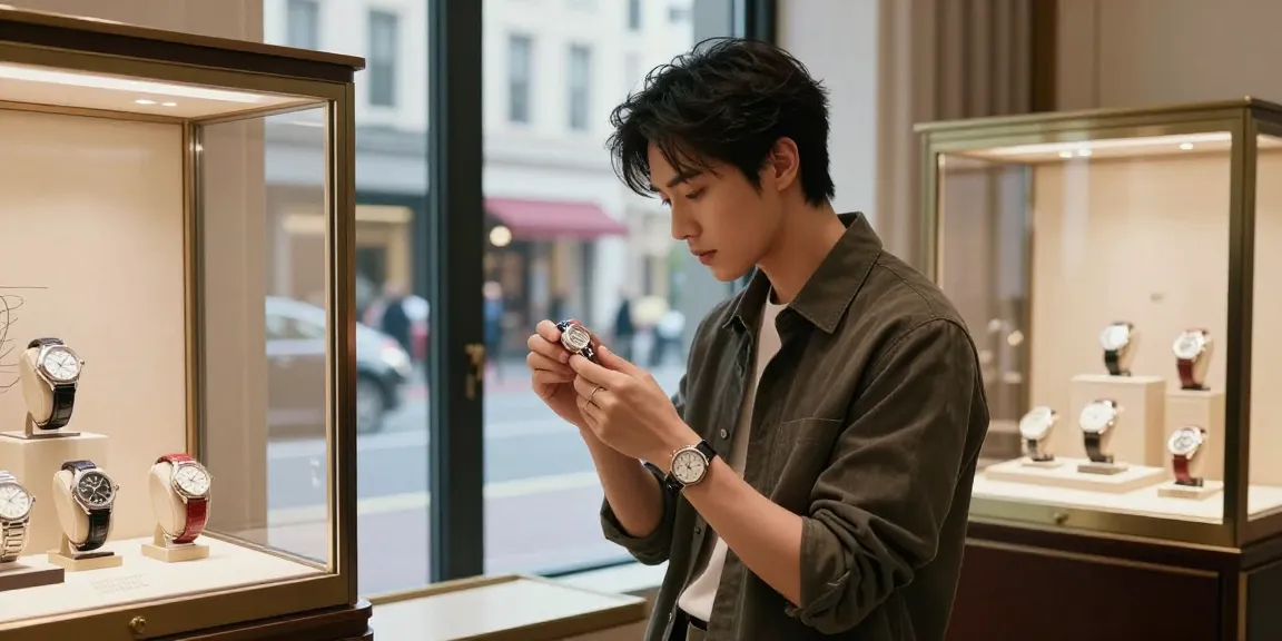 Stylish individual exploring luxury replica watches in chic boutique setting.