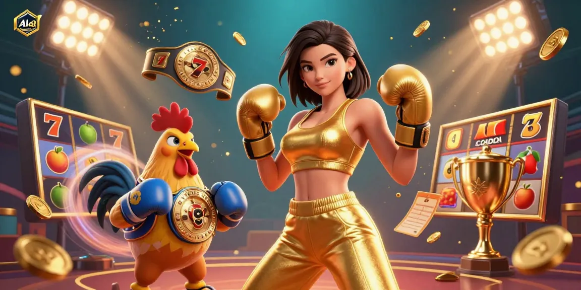Alo8 offers an exciting 3D casino experience with a powerful female character and a cartoon rooster in dynamic action amidst engaging slot game elements.