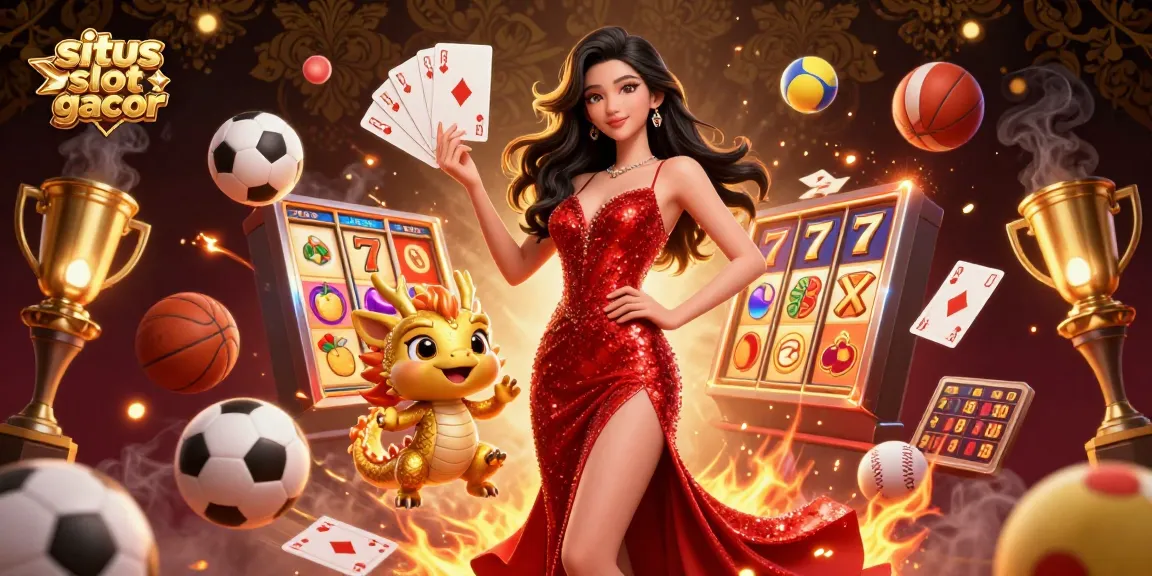 Situs slot gacor showcasing a stunning Asian woman with a dragon mascot amidst dynamic slot game elements, inviting gamers to win.