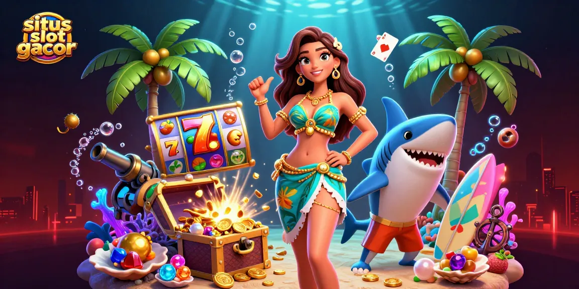 Engaging illustration showcasing situs slot gacor elements, featuring a glamorous beach goddess, cartoon shark, and dynamic gambling symbols.