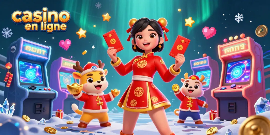 Rejoignez la scène dynamique des casinos en ligne avec une femme asiatique festive et des éléments de jeu.