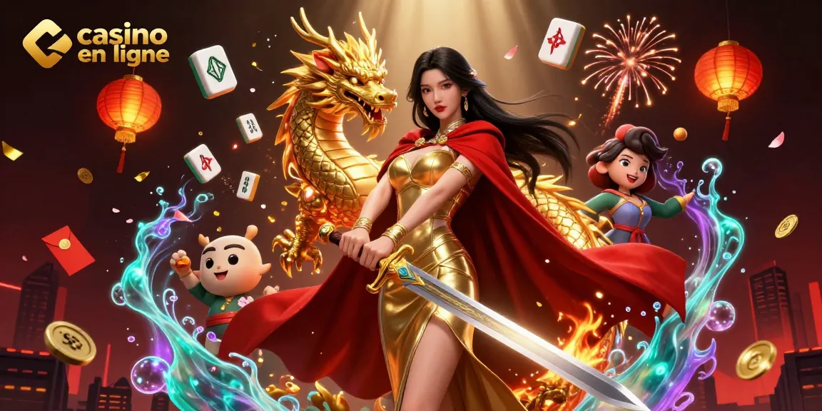 Interagissez avec le casino en ligne dans une scène 3D épique mettant en avant une reine guerrière féroce au milieu d'éléments de jeu vibrants.
