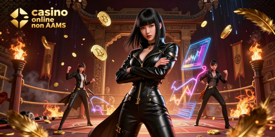Scopri l'emozione dei casinò online non AAMS con una potente donna asiatica tra elementi futuristici dinamici.