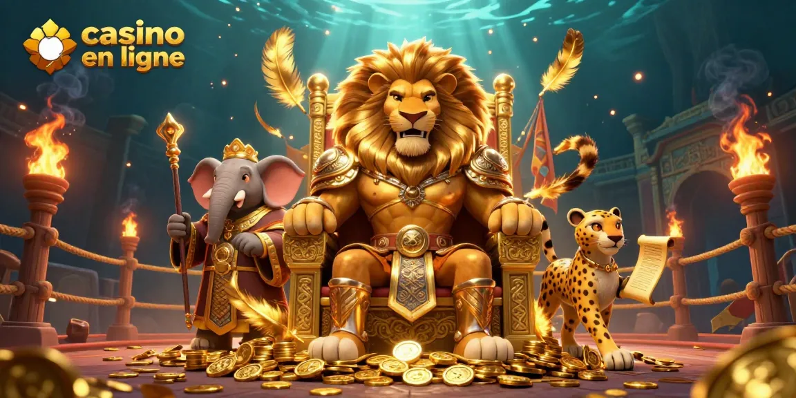 Engagez-vous au casino en ligne avec des jeux palpitants présentés dans une scène riche et vibrante mettant en avant des personnages royaux.