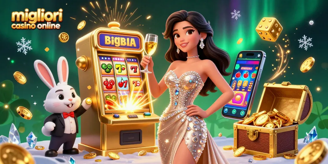 Vivi l'emozione dei migliori casino online con un'illustrazione straordinaria che presenta una macchina da jackpot e elementi celebrativi.