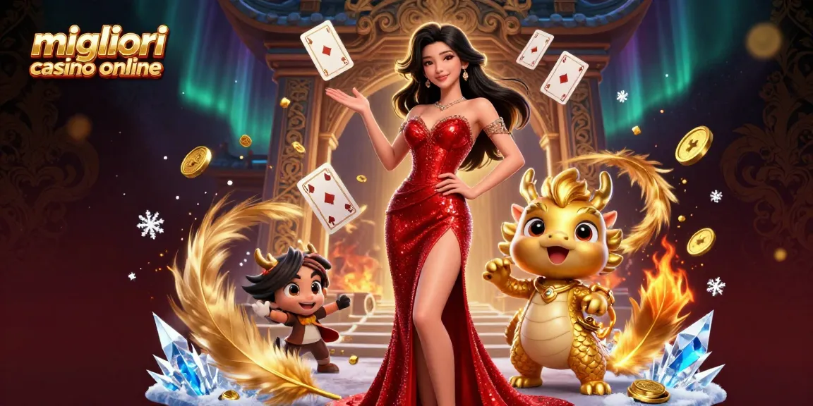 Interagire con i migliori casino online featuring una straordinaria donna asiatica che accoglie i giocatori in un'illustrazione vibrante di un casinò 3D