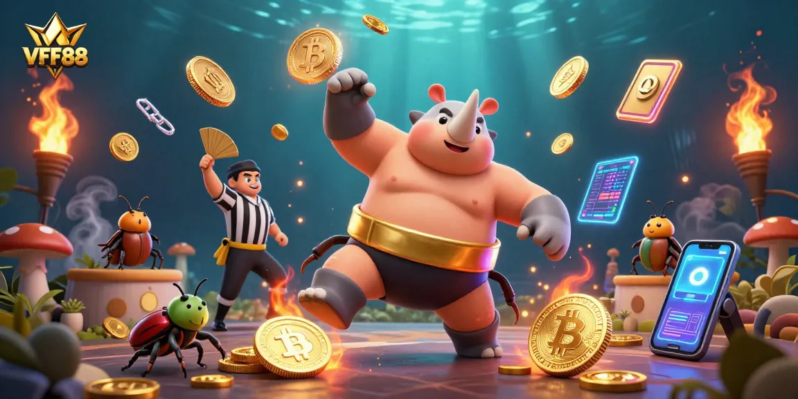 Engage in thrilling gameplay at VFF88 with a dynamic scene of beetle champions and crypto elements!