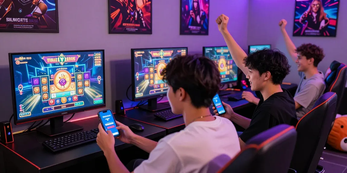 Group of friends playing online slot games with deposit pulsa tanpa potongan highlighted on their smartphones in vibrant gaming hub.