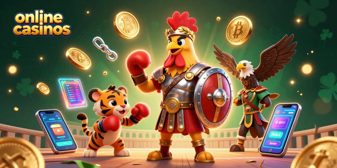 Engage with new online casinos featuring an epic 3D scene of a gladiator rooster, tiger cub, and eagle, amidst vibrant elements.