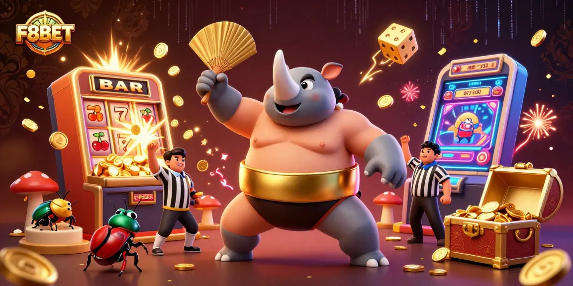 Win big at F8BET when the colossal beetle stomps coins in this vibrant casino scene.