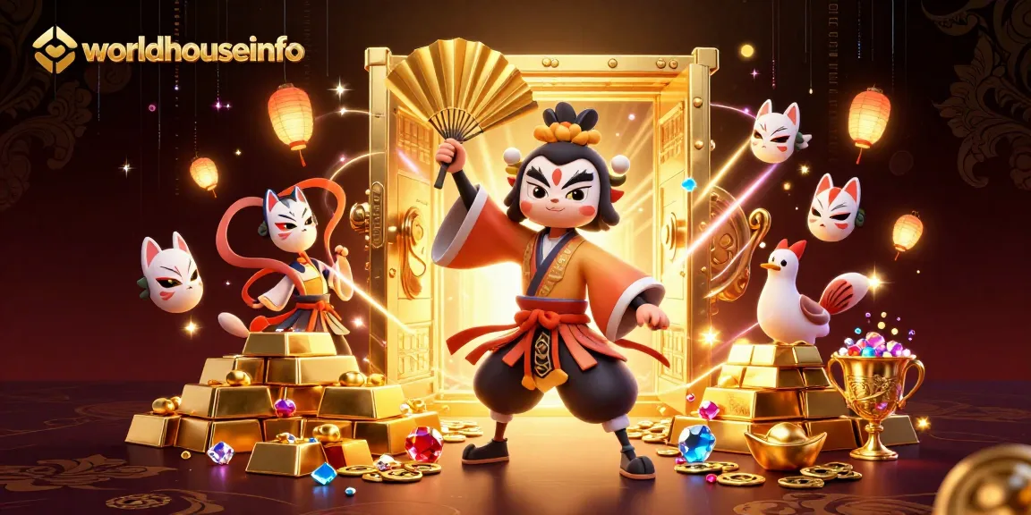 Worldhouseinfo showcases a vibrant kabuki warrior scene amidst sparkling casino treasures and animated spirits.