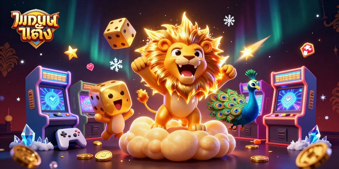 แทงบอลเต็ง dynamic betting scene with a roaring lion and golden dice amidst vibrant casino elements