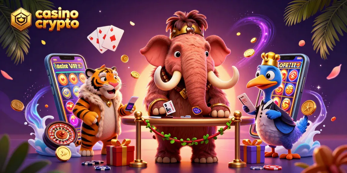 Les joueurs découvrent le casino crypto où un mammouth garde de sécurité vérifie les identités, avec des jeux colorés autour.