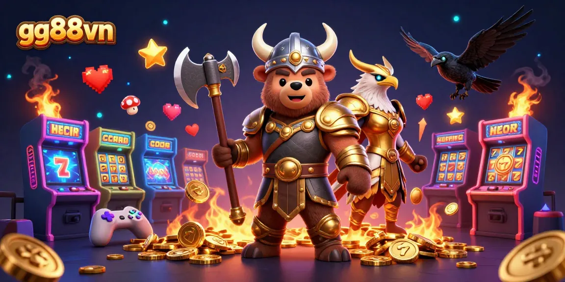 Experience high-stakes gaming with gg88vn's vibrant 3D slot-themed illustration featuring a Viking, Valkyrie, and dynamic game elements.