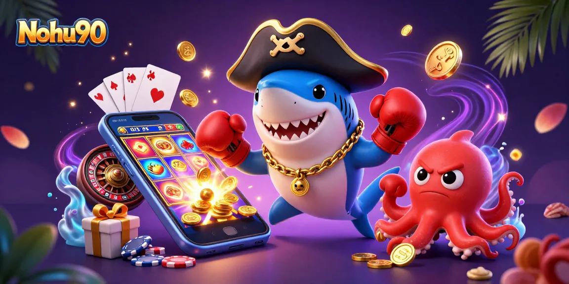 Nohu90 showcases thrilling slot gains, featuring a vibrant pirate shark, boxing pufferfish, and playful octopus.