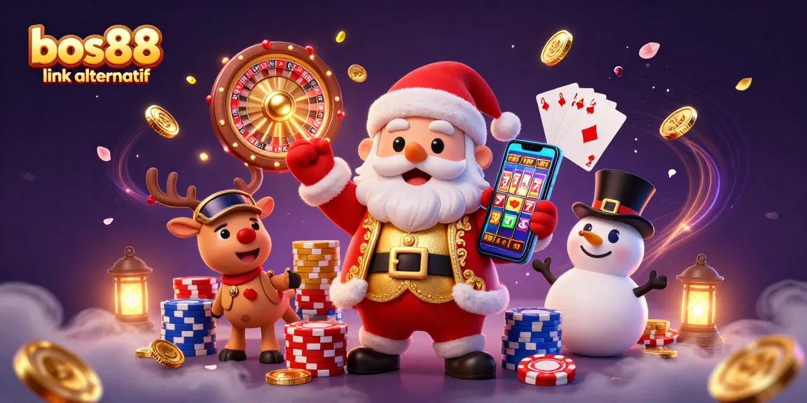Experience winning with bos88 link alternatif in a festive 3D casino illustration featuring characters and dynamic elements.