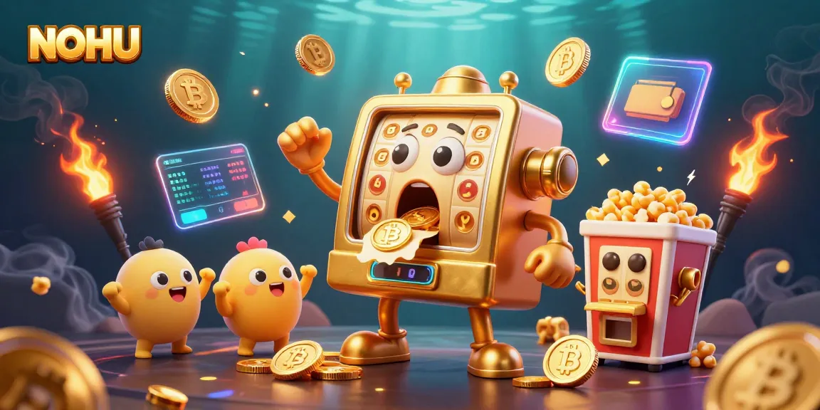 Join the excitement at NOHU casino with a jackpot celebration scene featuring a gleeful golden slot machine.