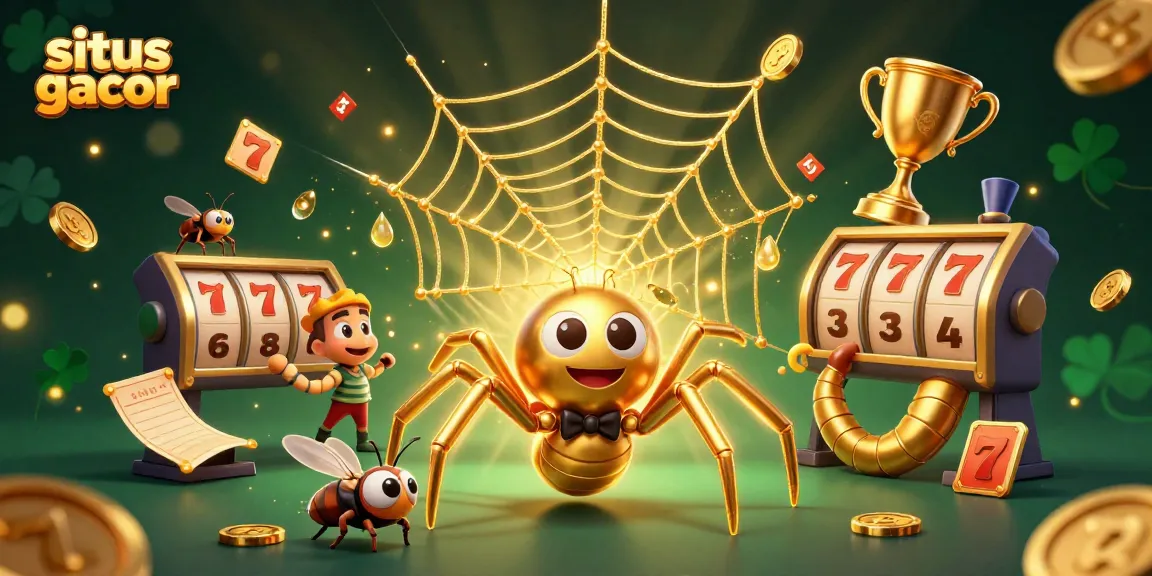 Spark your wagers at this vibrant situs gacor slot machine scene, featuring an animated spider and dynamic game elements.